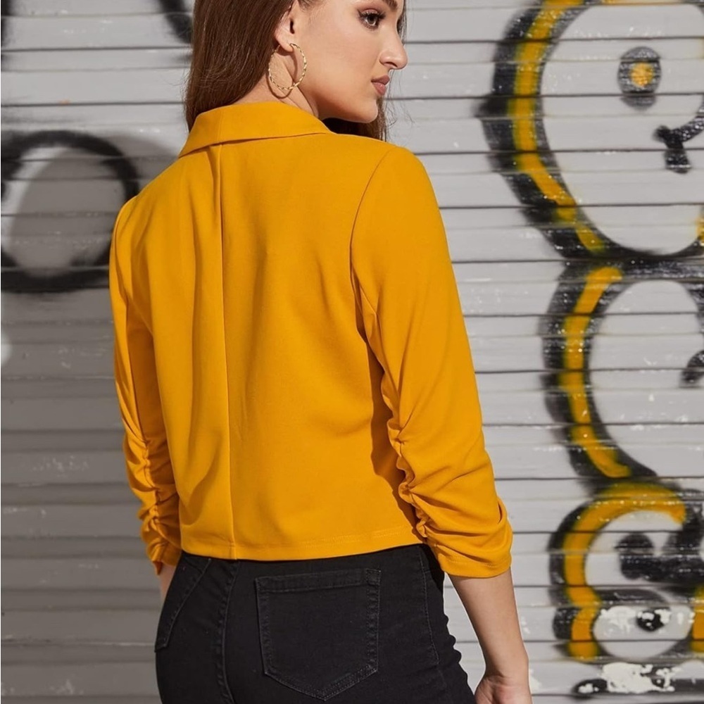 Mustard Yellow Cropped Blazer with Waterfall Collar - Picture 3 of 6